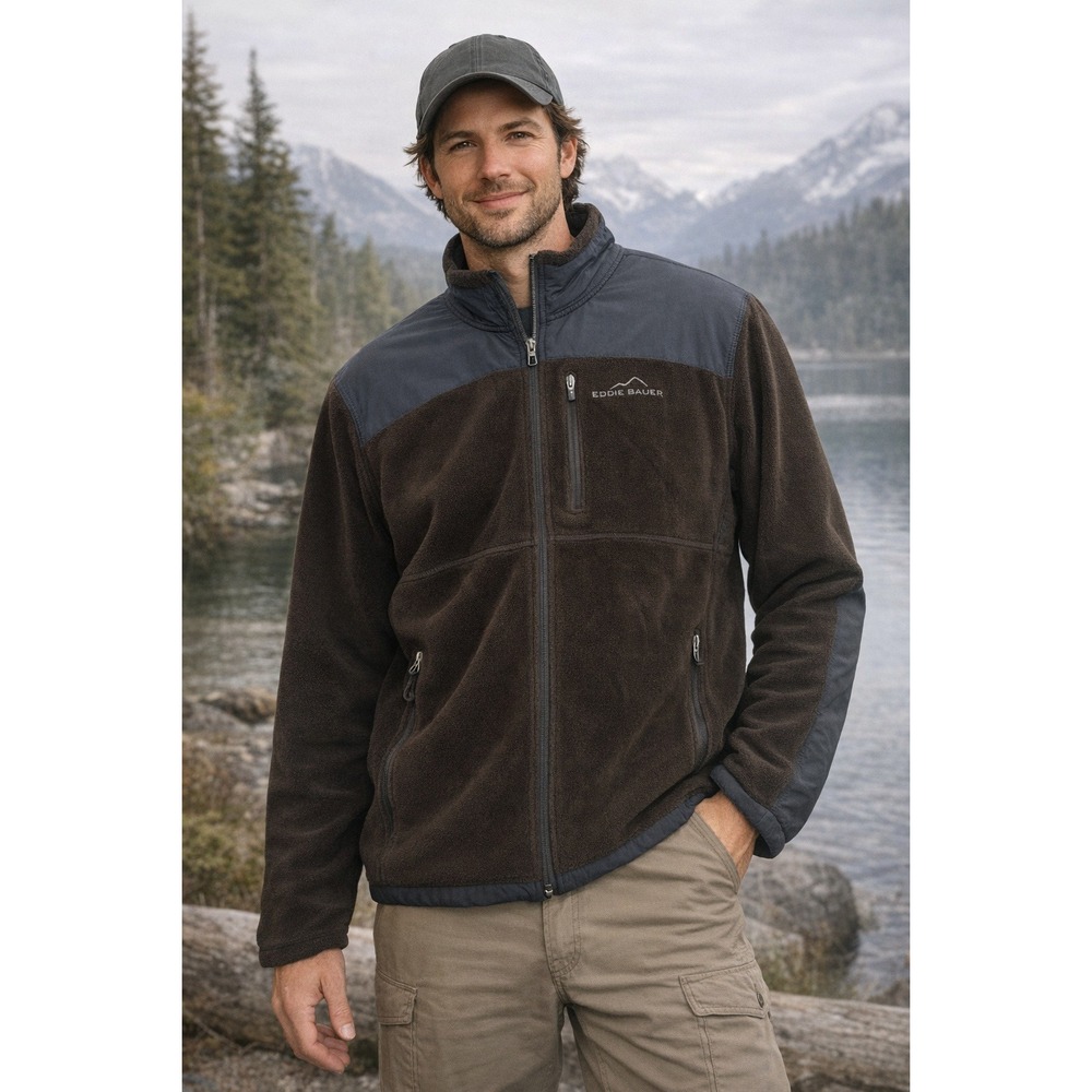 Eddie‎ Bauer Mens Full Zip Fleece Jacket Brown Gray Woven Overlay Large 7862